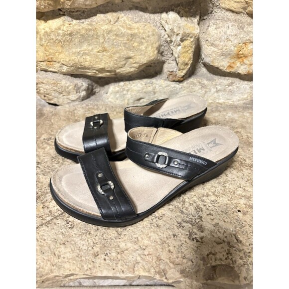 MEPHISTO Air Relax Naiade Black Leather Wedge 2 Strap Rhinestone Sandals 38 7.5 - Picture 9 of 13
